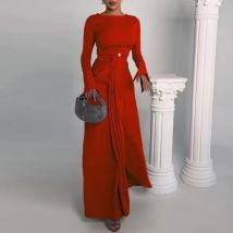 2024 Casual Solide Prom Kleid Elegante O Neck Hohe Taille Plissee Pendler Kleid Neue Herbst Mode Ausgestellte Ärmel Split Langes Kleid