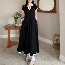 Lässiges, passendes Kleid, Vintage-Hepburn-Kleid, Übergröße, Bürodame, elegantes schwarzes Kleid, kurze Ärmel, lockeres, plissiertes Midikleid