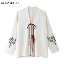 KEYANKETIAN Spring/Autumn New Retro style Bow Lace Up Decoration Embroidery Kimono Shirt Women's V-Neck Long Sleeve Blouses Top