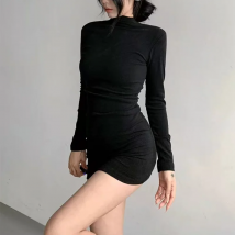 Mode Neue Feste Halb Hohen Kragen Kleider Herbst Winter Frauen Lange Ärmel Sexy Bodycon Mini Kleid Club Elegante Party Kleider