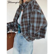 Streamgirl Übergroßes Kariertes Hemd für Damen, 2026, Frühling, lose Vintage-Langhemden, volle Ärmel, Damen, kariertes braunes, übergroßes Hemd, Blau