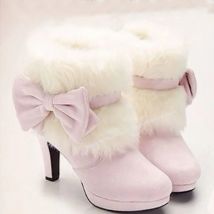 Pink Fur Warm Bow Knot Boots Thin High Heel Round Toe Fashion Sexy Cool 2025 Winter Big Size Woman Shoes Zapatillas Mujer