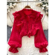 Französische süße langärmelige Bluse Damenbekleidung Frühling Herbst Schleife Rüschenkante Polka Dot bedrucktes Chiffon-Hemd Top C42