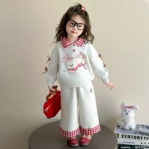 Koreanischer Stil Lässige Kinderkleidung Mädchen Herbst und Winter Dickes Cartoon-Bedrucktes Oberteil mit Schleife und Revers + Karierte Hose
