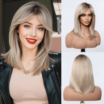 ALAN EATON geschichtete synthetische Perücken mit Pony, gerade, kurze Highlights, blondes Haar, Perücke mit für Frauen, natürliche tägliche Cosplay-Perücken
