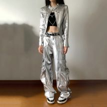 Autunno New Spicy Girl Argento Giacca a maniche lunghe Pantaloni cargo Hip Hop y2k Top Moda Streetwear Set da due pezzi Abiti da donna