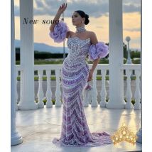 Lila-lila Abendkleider mit glitzernden Kristall-Pailletten und Perlen, maßgeschneiderte formelle Hochzeits- und Nachtparty-Kleider aus Dubai