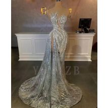 Sexy Illusion Evening Dresses Long  Luxury Sparkly Beaded High Split Woman Silver Prom Party Special Occasions Gowns Customized