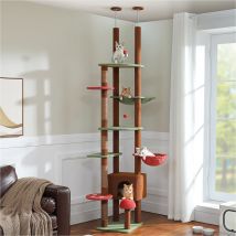 Brauner, pilzförmiger Design-Katzenturm, Deckenhöhe, Kratzbaumturm, verstellbarer Kratzbaum mit supergroßer Sitzstange und Hängematte, Katzenspielzeug