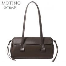 Motingsome Boston Bag Women Underarm Purse Luxury Vegetable Tanned Leather Handbag Cowhide Shoulder Pillow Tote Black New in