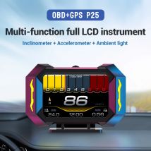 P25 Multifunktions-HUD-OBD + GPS-Head-Up-Display an Bord, Computergeschwindigkeit, Wassertemperatur, Kraftstoff, Neigungsmesser, OBD, LCD, Autoelektronik