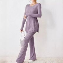 Herbst Winter frauen Kleidung Neue Stil Einfarbig Sexy Casual Lange Ärmeln Rundhals Schlitz Mode Temperament Zwei-stück Set