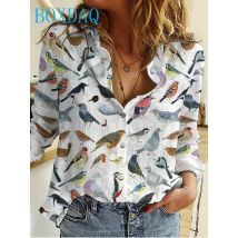Frauen Mode Gedruckt Langarm Revers Hemd Frühling Neue Vogel 3D Zeichnung Muster blusen Tops Casual Büro Damen Shirt Top