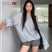 Tawaaiw Casual Off Shoulder Y2k Hoodie Solid Loose Long Sleeve Harajuku Autumn Tops Women's Sweatshirts Chic 2000s Streetwear
