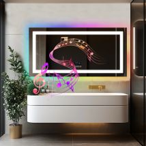LUVODI Großer rechteckiger Badezimmerspiegel mit RGB-Hintergrundbeleuchtung und stereophonem Bluetooth-Lautsprecher, an der Wand montierter Kosmetikspiegel