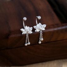 YILUOCD 925 Sterling Silver Lotu Flower Stud Earrings Vintage Tassel  Flower Earrings for Women Cute Sweet Irregular Jewelry