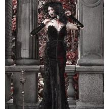 Blood Supply Original Design Vampire Black Red Dress Lace Patch Gothic Velvet Trumpet Sleeveless Sexy X-Long Dress Halloween