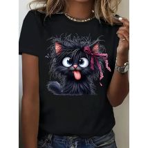 T-shirt da donna divertente cartone animato gatto fritto con fiocco giocoso stampa farfalla T-shirt casual da donna a maniche corte T-shirt da donna