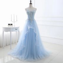 JEHETH Light Blue Long Evening Dress for Women A-Line Tulle vestidos de noche mujer 2023 Lace Appliques Beads Sequins Party Gown