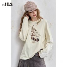 ELFSACK 2025, Damen-T-Shirt, lässig, lockere Passform, Rundhalsausschnitt, langärmelig, Kaninchen-Druck, neue Herbst-Ankunft