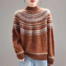 Pullover aus 100 % Wolle für Damen, Strickpullover, langärmelig, Rollkragenpullover, bedruckte Pullover, lockere Passform, Winter 2025, High Street Sports