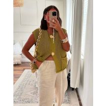 Gilet da donna alla moda senza maniche con ago grosso lavorato a maglia maglione femminile chic tasche grandi bottoni applicati cardigan gilet top