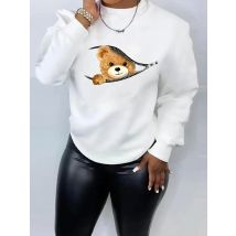 Women's Autumn/Winter Loose Casual Comfort Teddy Bear Print Velvet Long Sleeve Round Neck Pullover Sweater