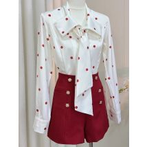 France Fashion Vintage Elegant 2 Piece Set Women Slim Long Sleeve Polka Dot Shirts+ High Waist Suit Shorts Casual Chic Outfit