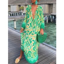 Herbst Damen neues langes boden langes Kleid sexy V-Ausschnitt locker lang ärmelig modisch bedrucktes Kleid lässig lockeres Knopf kleid