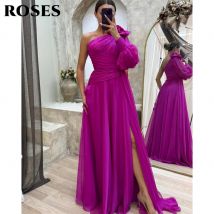 ROSES Fuchsia Elegantes One-Shoulder-Abschlussballkleid für Damen, Chiffon, 3D-Blumen, Strandhochzeitskleider, sexy Abendkleid mit seitlichem Schlitz