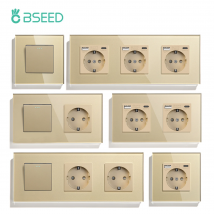 BSEED 1/2/3 Gang mechanischer Wandlichtschalter 1-Wege mit Steckdosen USB Typ-C Ladeanschlüssen EU-Standard Glasscheibe Gold
