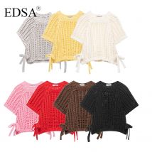 EDSA Damen-Oberteil aus grobem Strick mit seitlichen Trägern, O-Ausschnitt, kurzen Ärmeln, ausgehöhlter, abgeschnittener Pullover für lässige Damen