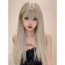 Lange seidige gerade synthetische Perücken mit Pony Beige Gold Cosplay Party Lolita Haarperücken für Frauen natürliche hitzebeständige Perücke