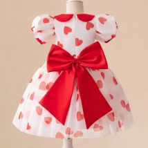 Neue Blase Ärmel Liebe Prinzessin Kleid niedlichen Bogen Taille Puppe Kragen Farbe blockiert Weihnachten Geburtstag Party Kleid für 4 5 6 7