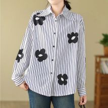 Umlegekragen, Blumenstreifen, langärmelig, lockeres Hemd und Bluse, Damen-Top, lässig, einreihig, weiß, Vintage-Mode, Oberbekleidung