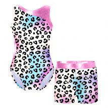 Kids Girls Leopard Print Ballet Dance Sets Gymnastics Workout Sleeveless Leotard Skating Bodysuit Jumpsuit with Shorts Outfits