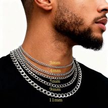 HNSP Acciaio inossidabile Curb Catena cubana Collana color argento per uomo Casual Versati Accessori gioielli 3MM/5MM/7MM/10MM Larghezza