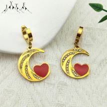 Mode Strass Crescent Moon Liebe Herz Tropfen Ohrringe Für Frauen Edelstahl Gold Farbe Rot Emaille Ohrringe Schmuck ﻿