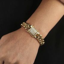 Heavy Stainless Steel Miami Cuban Link Bracelet 6mm-16mm Gold Plated with CZ Clasp Premium Hip Hop Jewelry For Men Women