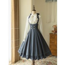 Original Lolita Woman Halter Sling Dress 2023 Spring and Autumn New French Style Lolita Complex Striped Gray Blue Strap Dresses