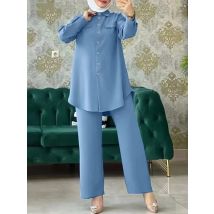 Ramadan arabische Frauen eid muslim isch zweiteilig Set einreihige Bluse & Hose Musulman Ensemble Gürtel Knopf Hemd weites Bein Hosen