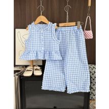 Bear Leader Blue Girls Clothes Korean Version Checkered Printed Sleeveless Single Breasted Top+Pants Casual Children's Clothing