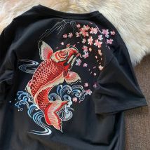 Harajuku Design Boho Floral Fish ricamo magliette Vintage Street Fashion donna magliette o-collo allentato Casual bianco estate top