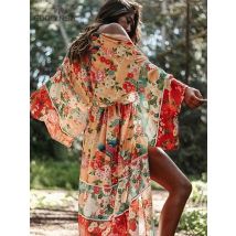 2025, böhmische Blumenmuster vorne offen, Sommer-Frauen-Strandkleidung, Wickelkleid, Chiffon-Tunika, sexy Sarongs, Robe de Plage Pareo Q751