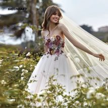 Maßgeschneidertes elegantes sexy Boho-Spitzenhochzeitskleid für Frauen, herzförmige Blumen, A-Linie, Brautkleid, Vestidos de Novia Robe Mariée