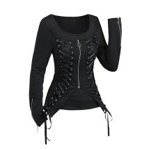 Dressfo New Women's  Gothic Top Solid Color Lace Up Grommet Zip Square Neck Long Sleeves Top