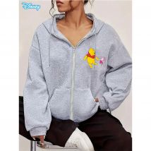 Disney Women'S Cozy Fleece Hoodie with Winnie the Pooh Piglet Design Gray Zip-Up Long Sleeve Pullover