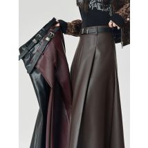 Herbst/winter Neue Lange Leder Rock frauen Kühlen Kaffee Lange A-linie Rock High Street Hohe Taille PU Plissee regenschirm Röcke