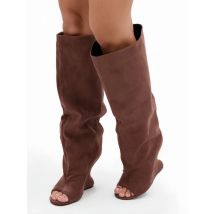 2025 New Peep Toe Knee High Boots Platform Heels for Women, Summer Block Heel Slip-On Shoes Fashion Show Night Out Clubwear