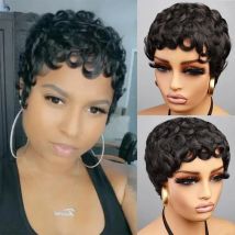 Kurze lockige Pixie-Schnitt-Perücken für schwarze Frauen, natürliche schwarze Echthaar-Perücke, brasilianisches Remy-Echthaar, Bob, voll maschinell hergestellte Perücke, 150 %